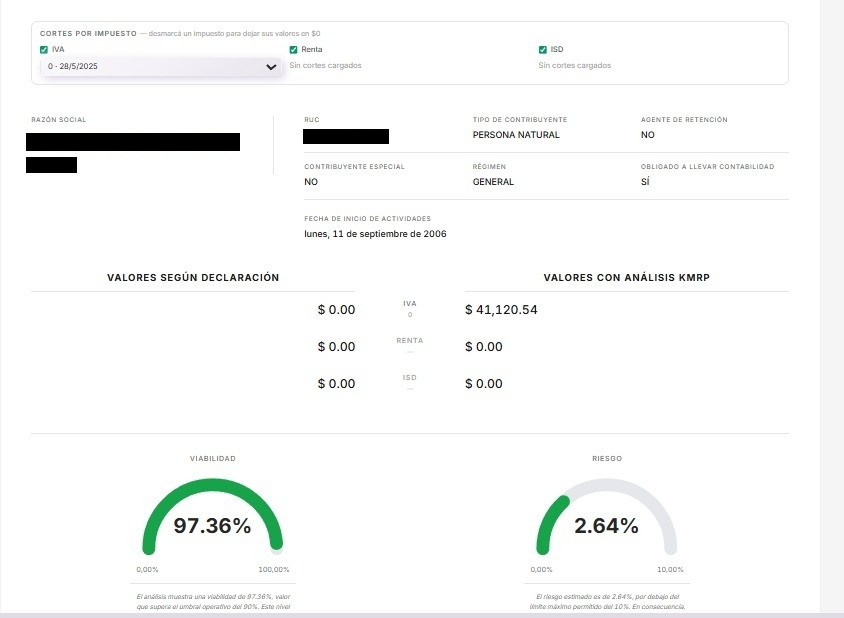 Análisis de Skorpios: IVA según declaración $0.00 y con análisis $41,120.54; viabilidad 97,36 % y riesgo 2,64 %.
