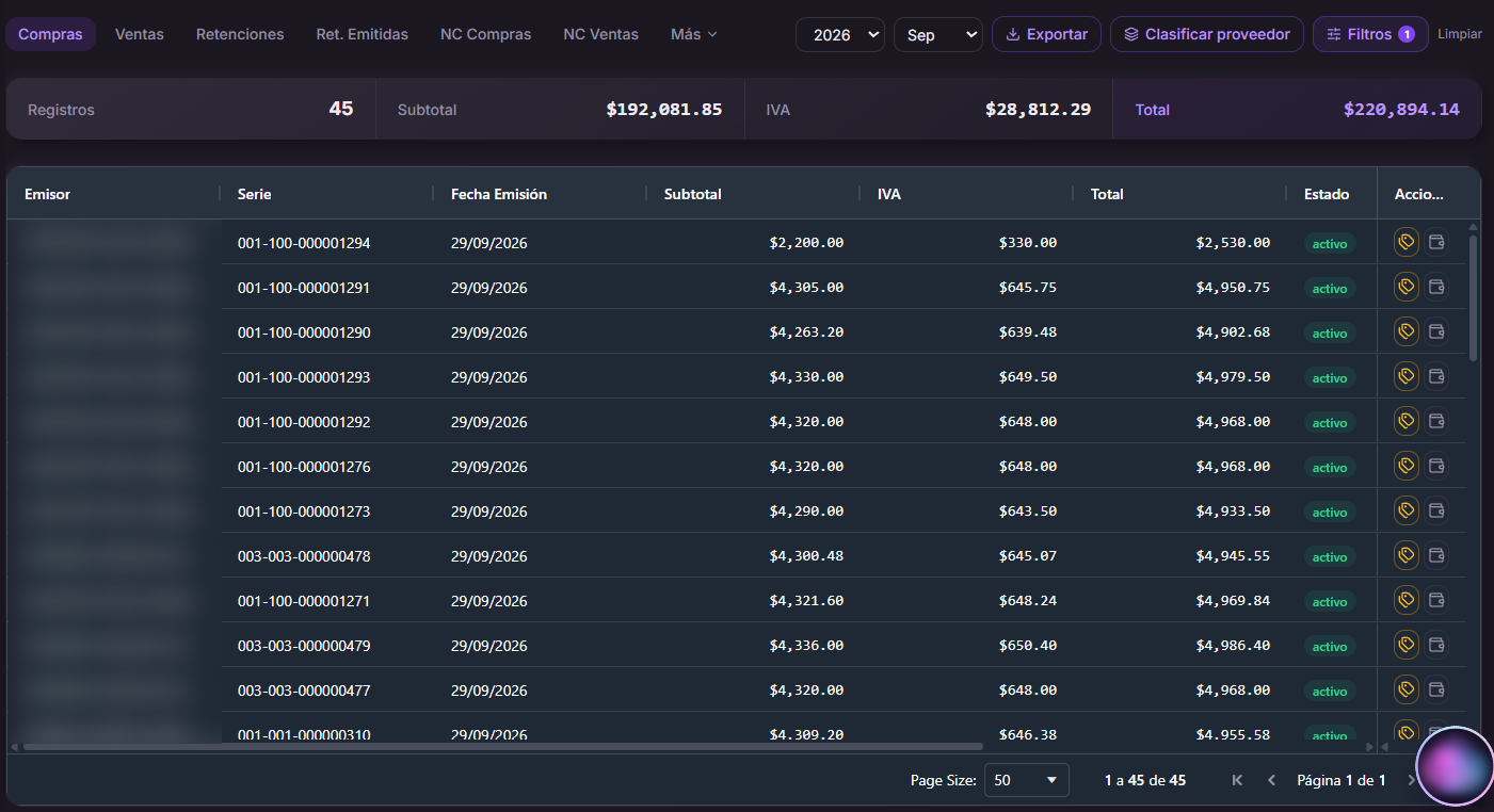 Comprobantes de Skorpios: compras del mes con subtotal, IVA y total, filtros y exportación a Excel